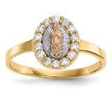 14k two-tone white rhodium CZ Lady of Guadalupe ring, elegant jewelry piece with intricate design and religious symbolism.