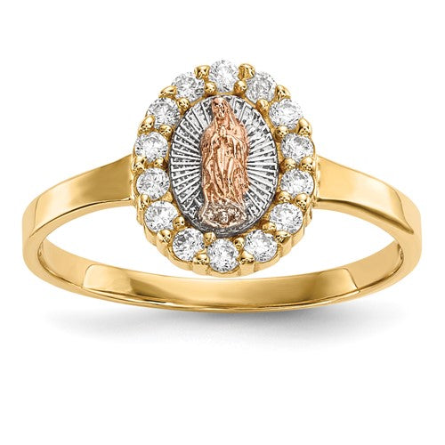 14k two-tone white rhodium CZ Lady of Guadalupe ring, elegant jewelry piece with intricate design and religious symbolism.