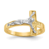 14k two-tone polished crucifix ring featuring gold and silver accents, crafted by Solomon Jewelers.