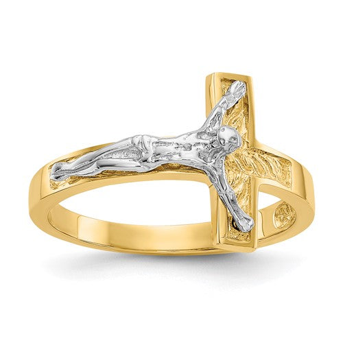 14k two-tone polished crucifix ring featuring gold and silver accents, crafted by Solomon Jewelers.