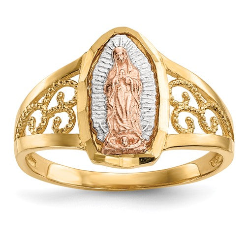 14k two-tone white rhodium Lady of Guadalupe ring, elegant jewelry piece featuring religious design and fine craftsmanship.