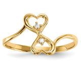 14k gold and cubic zirconia double heart ring showcasing sparkling hearts, elegant jewelry piece from Solomon Jewelers.