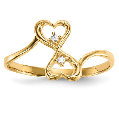 14k gold and cubic zirconia double heart ring showcasing sparkling hearts, elegant jewelry piece from Solomon Jewelers.
