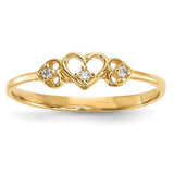 14k gold CZ three-hearts ring featuring sparkling cubic zirconia stones, elegant jewelry piece from Solomon Jewelers.