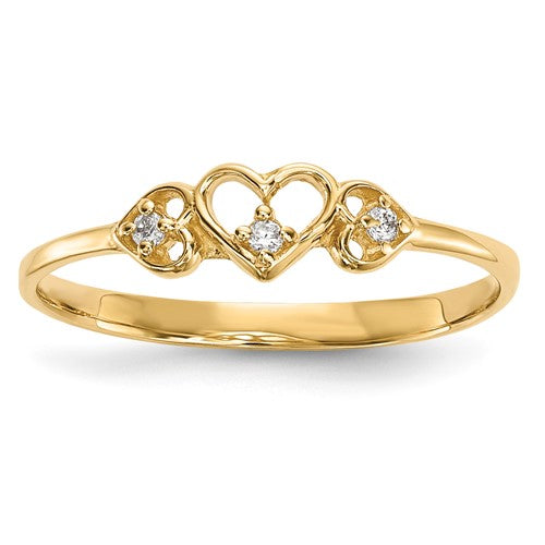 14k gold CZ three-hearts ring featuring sparkling cubic zirconia stones, elegant jewelry piece from Solomon Jewelers.