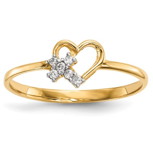 14k gold heart with cubic zirconia cross ring, elegant jewelry piece featuring detailed design and sparkling accents.