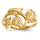 14k gold polished and satin dolphin, starfish, shell, and sand dollar design ring from Solomon Jewelers.