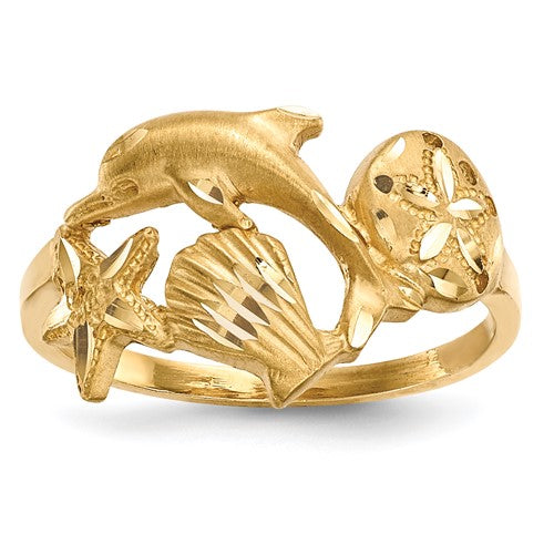 14k gold polished and satin dolphin, starfish, shell, and sand dollar design ring from Solomon Jewelers.