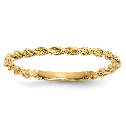 14k polished twisted rope ring from Solomon Jewelers, showcasing a detailed gold jewelry ring with textured twisted rope design.