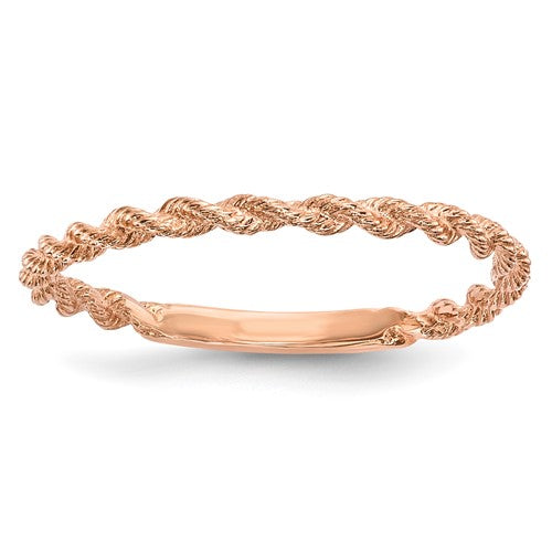 14k rose gold twisted rope ring featuring polished finish, jewelry ring design from Solomon Jewelers.