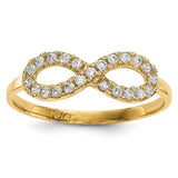 14k gold CZ infinity symbol ring from Solomon Jewelers featuring a sleek, elegant design with sparkling cubic zirconia accents.