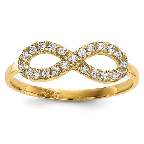14k gold CZ infinity symbol ring from Solomon Jewelers featuring a sleek, elegant design with sparkling cubic zirconia accents.