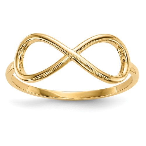 14k gold polished infinity ring, elegant jewelry piece with smooth shiny finish, featuring an infinity symbol design.