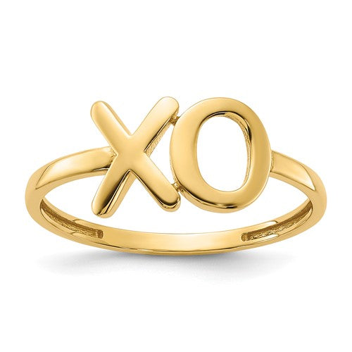 14k gold polished X-O ring from Solomon Jewelers, close-up view showing smooth, shiny finish and unique design.