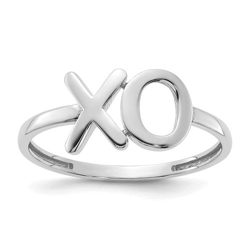 14k white gold polished X-O ring, elegant jewelry ring with a sleek design, crafted by Solomon Jewelers.
