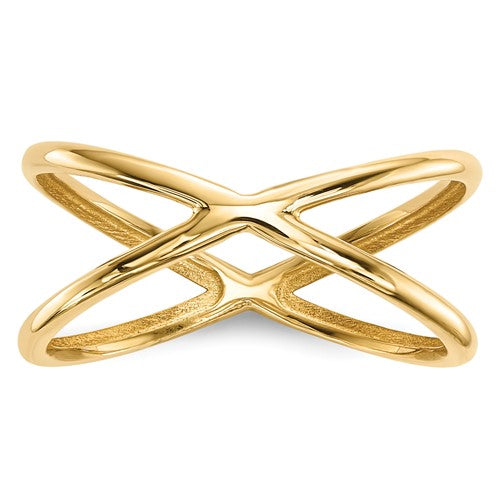 Polished 14k gold double ring from Solomon Jewelers, showcasing a sleek, shiny jewelry design with smooth finishes.
