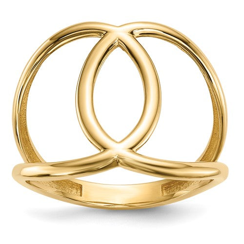 14k gold polished ring from Solomon Jewelers, showcasing a sleek, shiny jewelry ring design.