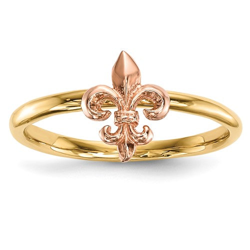 Two-tone 14k gold Fleur de Lis ring with polished finish, elegant jewelry design featuring intricate detailing.