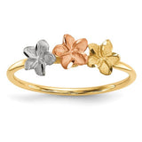 14k two-tone white rhodium polished and satin 3 flower ring, elegant jewelry piece with floral design, by Solomon Jewelers