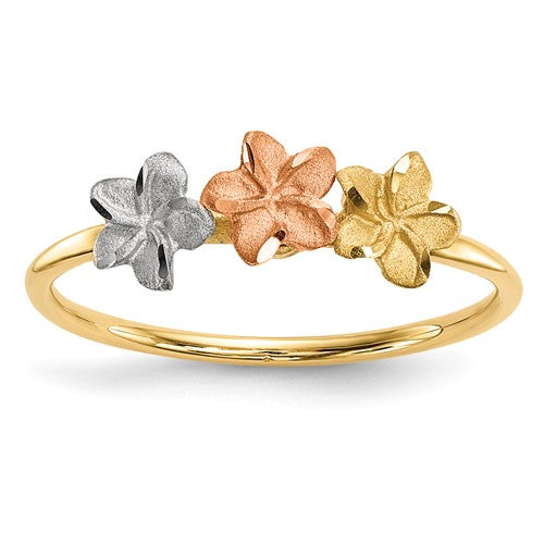 14k two-tone white rhodium polished and satin 3 flower ring, elegant jewelry piece with floral design, by Solomon Jewelers
