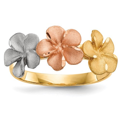 14k two-tone white rhodium satin diamond plumeria ring showcasing intricate floral design and elegant craftsmanship.