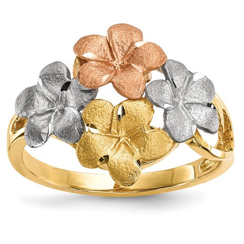 14k two-tone white rhodium polished and satin Plumeria ring, elegant jewelry piece featuring intricate floral design.