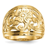 14k polished floral ring from Solomon Jewelers showcasing detailed floral design and shiny gold finish.