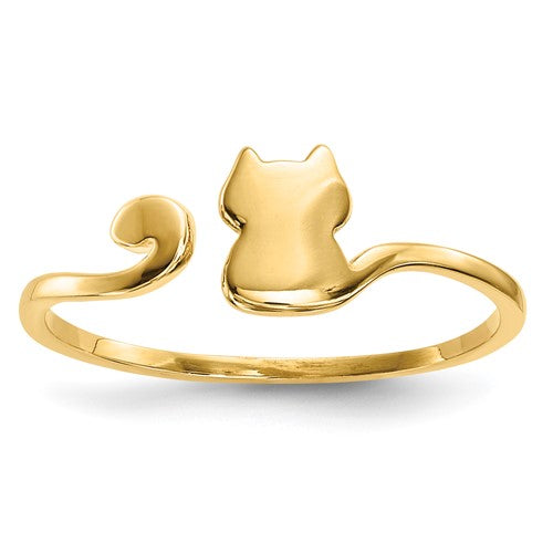 Polished 14k gold cat-shaped adjustable cuff ring from Solomon Jewelers, featuring a sleek, shiny finish and elegant design.