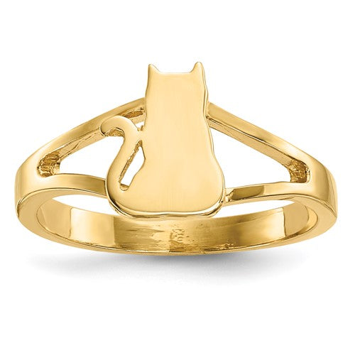 14k polished gold cat ring from Solomon Jewelers, featuring a sleek feline design, perfect for jewelry and ring enthusiasts.