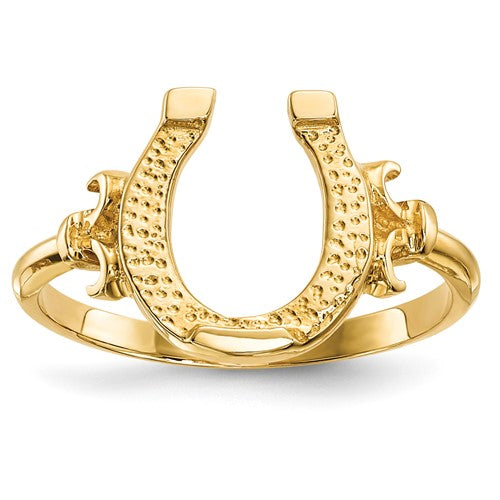 14k gold polished horseshoe ring from Solomon Jewelers, showcasing a smooth, shiny jewelry ring with a classic horseshoe design.