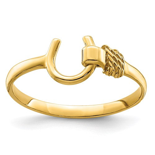 14K gold horseshoe ring from Solomon Jewelers, close-up of the elegant jewelry ring with a smooth gold finish.