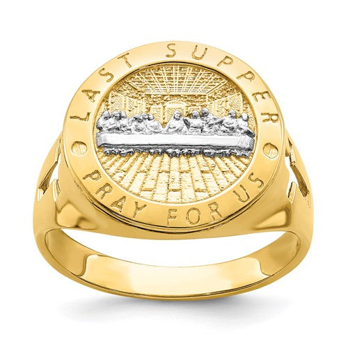 14K gold with rhodium The Last Supper men's ring, featuring detailed religious design, crafted by Solomon Jewelers.