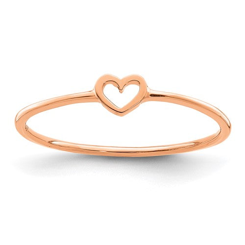 14K rose gold polished heart ring from Solomon Jewelers, showcasing a shiny, romantic jewelry piece on a plain background.