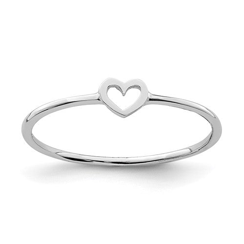14K white gold polished heart-shaped ring from Solomon Jewelers, close-up view showcasing smooth, shiny finish and elegant design.