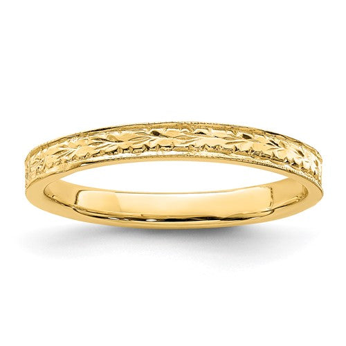 14K polished floral ring from Solomon Jewelers featuring intricate floral design and shiny gold finish.