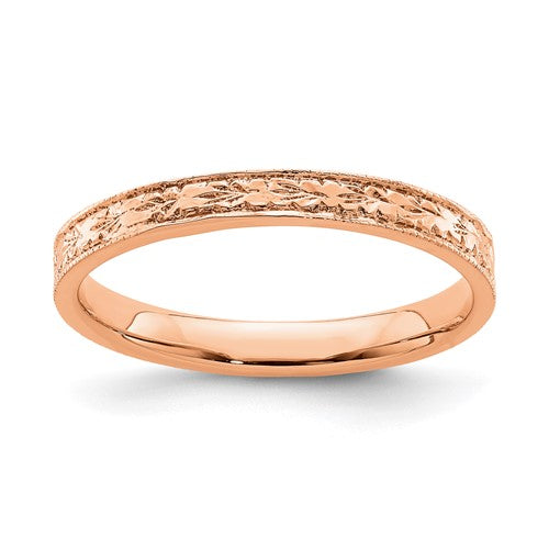 14K rose gold polished floral design ring from Solomon Jewelers, showcasing intricate flower motifs on a smooth band.
