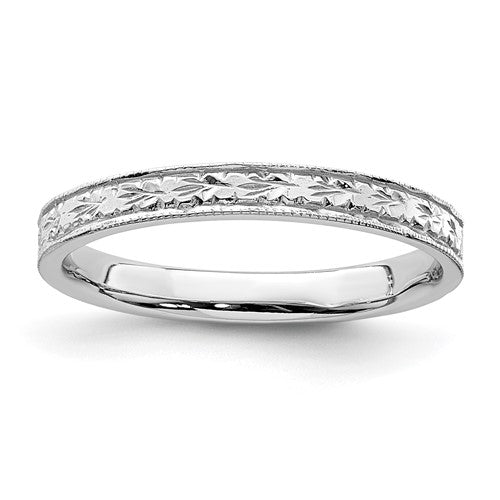 14K white gold polished floral band ring with intricate floral design, jewelry ring by Solomon Jewelers.