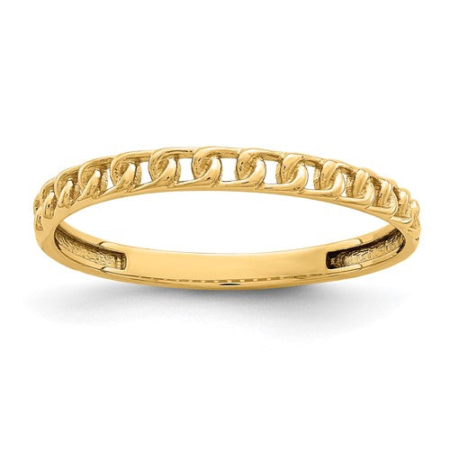 14K gold link design ring with intricate chain links, showcasing elegant jewelry craftsmanship by Solomon Jewelers.