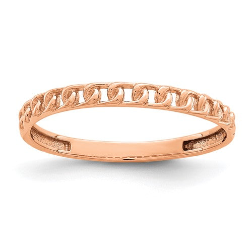 14K rose gold link design ring from Solomon Jewelers, showcasing a stylish, elegant jewelry ring with interconnected links.