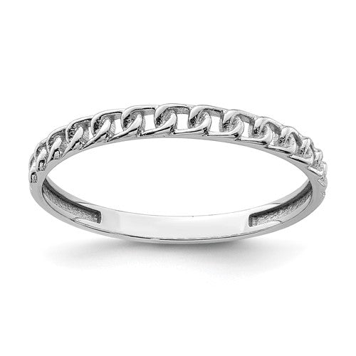 14K white gold link design ring with intricate patterns, showcasing elegant jewelry craftsmanship.