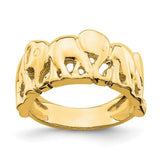 14k polished gold elephant ring from Solomon Jewelers displayed on a white background. Elegant jewelry piece with detailed elephant design.