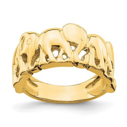 14k polished gold elephant ring from Solomon Jewelers displayed on a white background. Elegant jewelry piece with detailed elephant design.