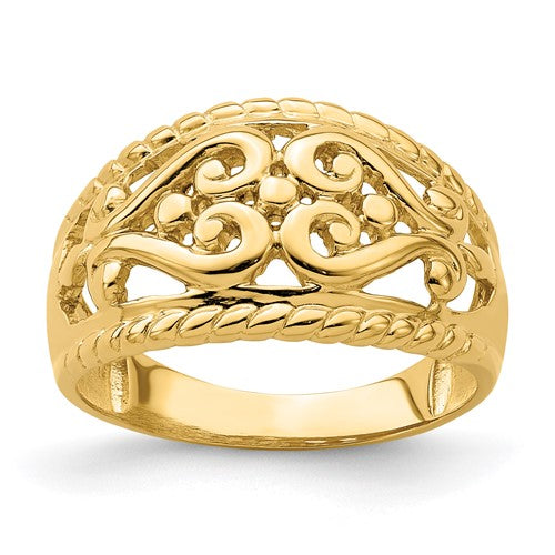 14k gold polished heart cut-out design ring, elegant jewelry piece with intricate heart-shaped openwork, by Solomon Jewelers.