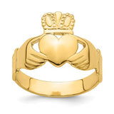 14k polished gold Claddagh ring in size 9, featuring a traditional heart and hands design, crafted by Solomon Jewelers.