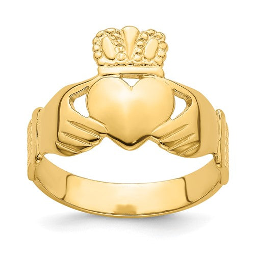 14k polished gold Claddagh ring in size 9, featuring a traditional heart and hands design, crafted by Solomon Jewelers.