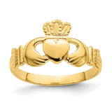 14k polished gold Claddagh ring in size 7, featuring traditional heart and crown design, crafted by Solomon Jewelers.