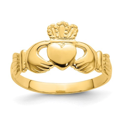 14k polished gold Claddagh ring in size 7, featuring traditional heart and crown design, crafted by Solomon Jewelers.