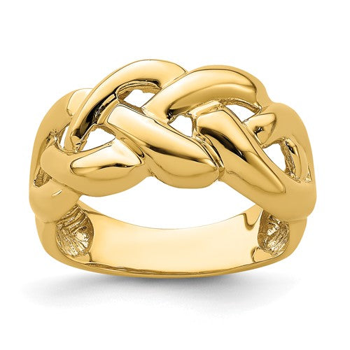 14k polished entwined braided ring from Solomon Jewelers, showcasing a smooth, elegant gold ring with braided design.