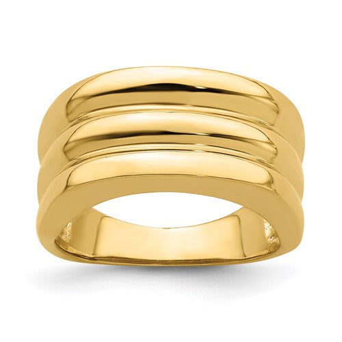 14k gold polished triple ridge dome ring from Solomon Jewelers, showing a smooth, rounded design with detailed ridge accents.