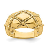 14k gold quilted rope design dame ring from Solomon Jewelers, showcasing intricate textured craftsmanship in a close-up shot.